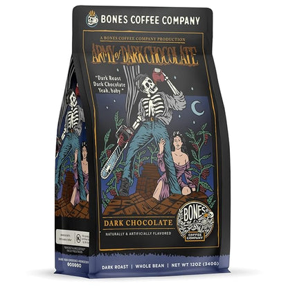 Bones Coffee Company Army of the Dark Chocolate Flavored Coffee, Medium Roast Low Acid Arabica Beans Compatible with Auto drip and French Press Coffee Maker, 12 Oz Whole Bean