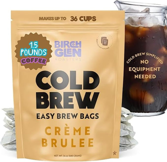 Birch Glen Roasters Cold Brew Coffee Bags - 12 Pack of Coarse Ground Coffee Filter Pitcher Packs for Easy Brewing - 100% Arabica - Yields 6 Pitchers - Crème Brulee Flavor