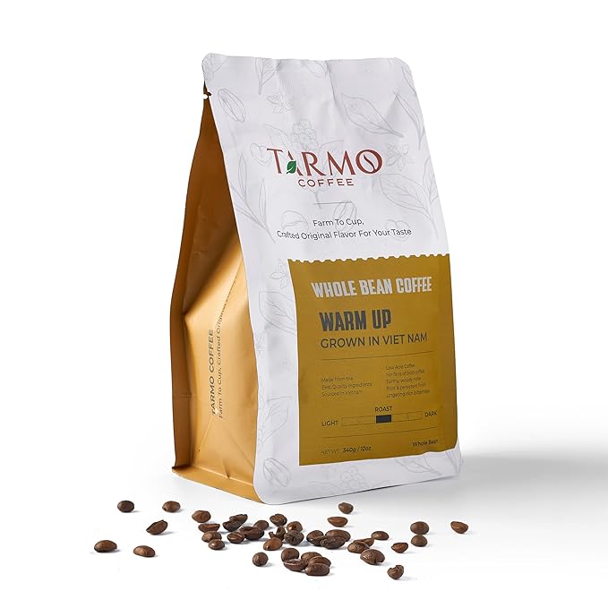 TARMO - WARM UP | Low Acid 100% ROBUSTA Whole Bean Coffee | Specialty Vietnamese Coffee | Single Origin Medium Roast Coffee Beans | 12 Oz Bag