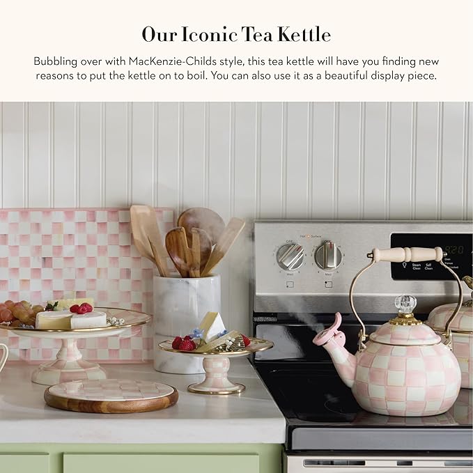 MACKENZIE-CHILDS Enamel Whistling Tea Kettle, Decorative Teapot, Pink-and-White Rosy Check