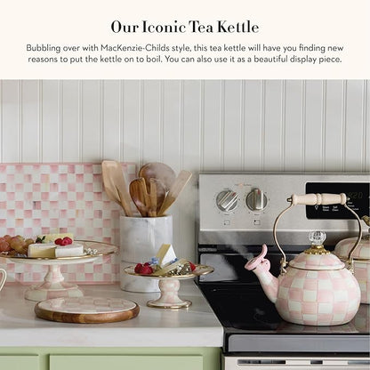 MACKENZIE-CHILDS Enamel Whistling Tea Kettle, Decorative Teapot, Pink-and-White Rosy Check