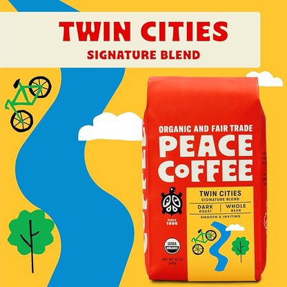 Peace Coffee Twin Cities Blend | 20 oz Ground Dark Roast | Organic Fair Trade | Smooth, Inviting Flavor | Shade Grown, Fresh Roasted