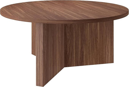 Henn&Hart 36" Round Wood Pedestal Coffee Table for Living Room, Family Room, Office, or Apartment, Satin Walnut