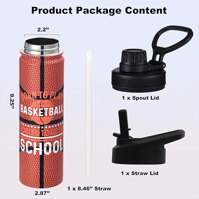 Basketball Water Bottle, 24 oz Insulated Stainless Steel Sports Bottle with Straw, Basketball Stuff Gifts for Boys