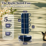 Load image into Gallery viewer, 5 Ounce Blue Porcelain Stackable Espresso Cups with Stainless Steel Holder, Set of 4, Durable Ceramic, Perfect for Home, Office or Gift