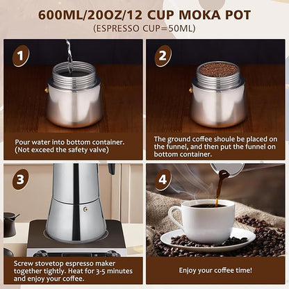 Stovetop Espresso Maker, 12 cup Moka Pot, Italian Coffee Maker Percolator, Stainless Steel Espresso Pots, 600ml/20oz(Espresso Cup=50ml/1.7oz) Coffee Pot Cafe Maker for Induction Cookers, Hobs