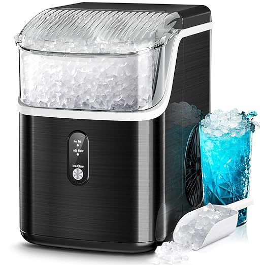 Kismile Nugget Ice Makers Countertop,Portable Ice Machine with Crushed Ice, 35lbs/Day,Self-Cleaning,One-Click Operation for Home Use(Black)