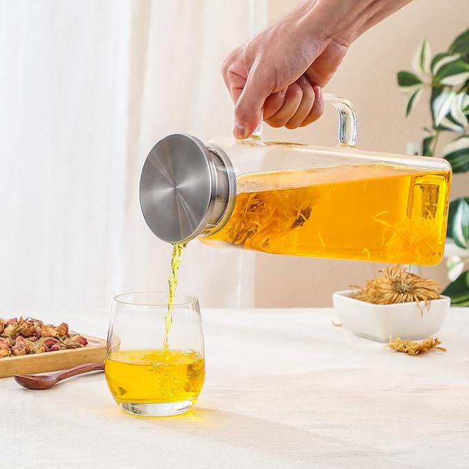 Netany 4 Pack 2 Liters/68 oz Square Glass Pitcher with Lid and Handle for Fridge, Iced Tea and Coffee Carafe Beverage Serveware, Heat Resistant Borosilicate Water Jug for Hot/Cold Drinks and Milk