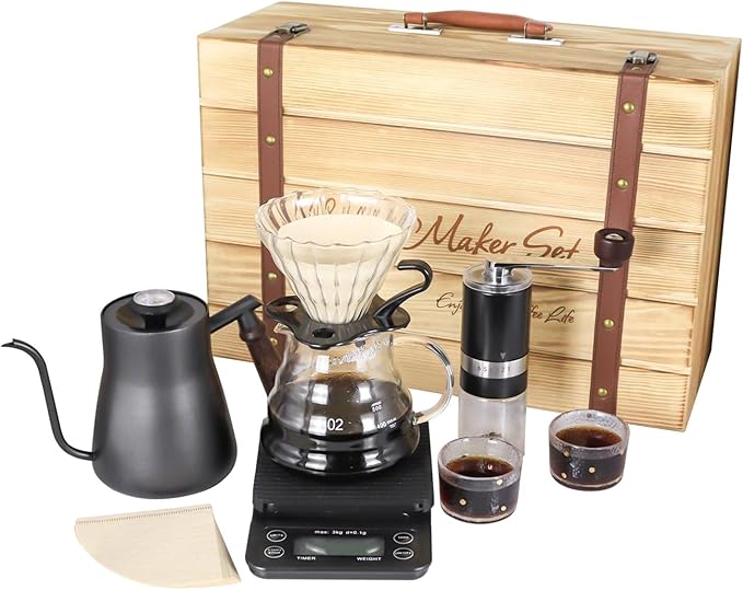 SOTECH Pour Over Manual Coffee Maker Set 2 Cup Coffee Dripper with Wooden Suitcase Coffee Kettle Scale Bean Grinder All In 1 Traveling Camping Hiking