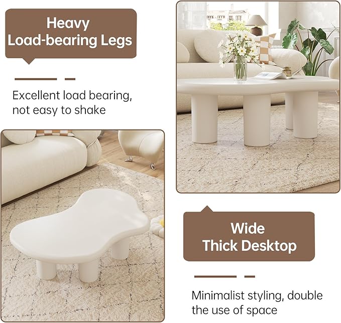 Cloud Coffee Table, Irregular Cream White Coffee Table with 4 Legs, Modern Center Table for Living Room, Indoor Tea Table, Easy Assembly