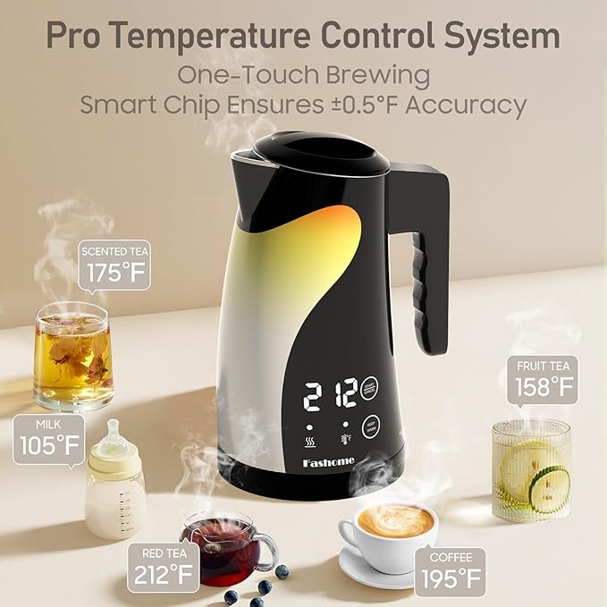 Electric Kettle Temperature Control, 5 Temp Presets, 2H Keep Warm, Double Wall Stainless Steel, 1.25L Cool-Touch Design with Auto Shut-Off, Cordless Water Boiler Heater, 360° Rotating Base, (Black)