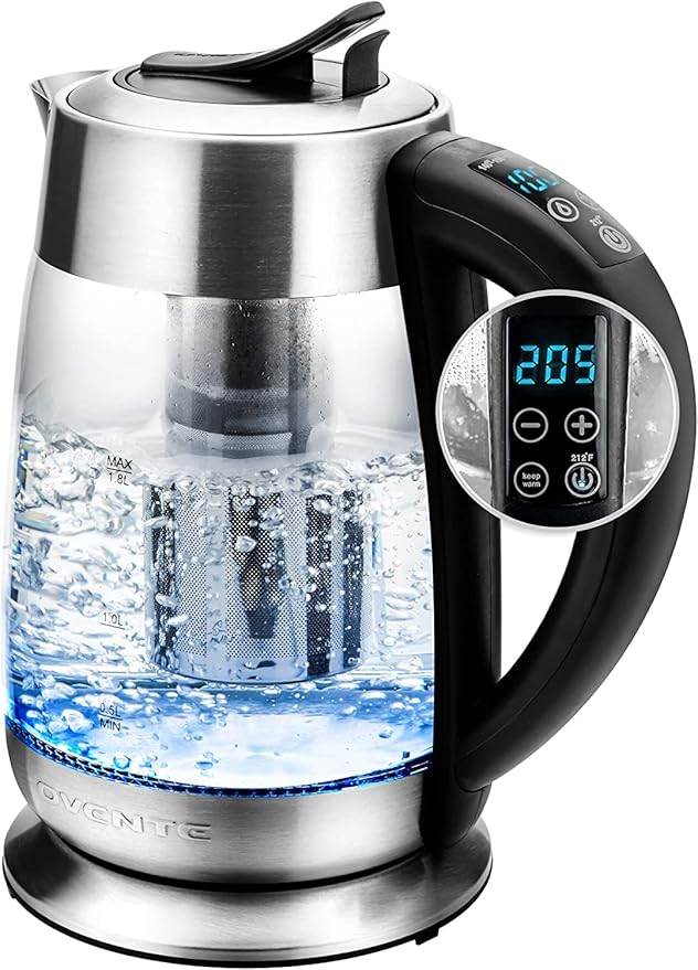 OVENTE Electric Tea Kettle with Temperature Control and Removable Tea Infuser, 1500W Water Boiler and Heater with 1.8L Borosilicate Glass, BPA Free, Auto Shut Off & Boil Dry Protection, Silver KG6610S