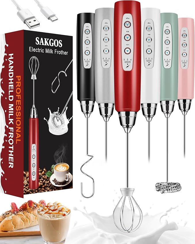 Milk Frother Rechargeable Handheld-Electric Whisk 3 Speed Adjustable, Frother Wand Coffee with 3 Stainless Whisks, Electric Foam Maker, Drink Mixer Blender for Latte Cappuccino Matcha Egg