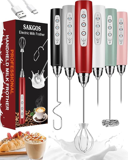 Milk Frother Rechargeable Handheld-Electric Whisk 3 Speed Adjustable, Frother Wand Coffee with 3 Stainless Whisks, Electric Foam Maker, Drink Mixer Blender for Latte Cappuccino Matcha Egg