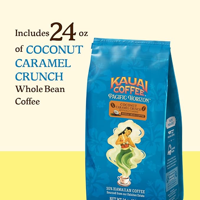 Kauai Coffee Whole Bean Coffee – Smooth, Non-Bitter Medium Roast Pure Arabica – Nutty Caramel and Tropical Coconut – Grown on Hawaii's Largest Coffee Farm – Coconut Caramel Crunch, 1 Pack of 24oz