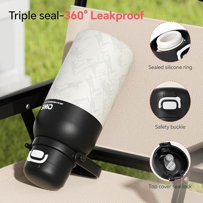 QWE Large Insulated Water Bottle with Straw&Lids,1200ml/40oz Vacuum Sealed Sport Bottles,Double Drinking,Stainless Steel Tumbler with Handle,LeakProof,BPA-Free,for Hiking,Gym,camp (Wilderness Black)