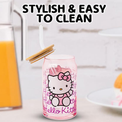 Silver Buffalo Sanrio Hello Kitty Waving Pink Glass Jar Tumbler with Bamboo Lid and Glass Straw, 16 Ounces