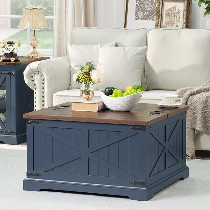 Farmhouse Coffee Table with Large Hidden Storage Compartment, Navy Blue Square Center Table, Wood Rustic Low Modern Living Room Tables with Hinged Lift Brown Top & Wooden Arc Base
