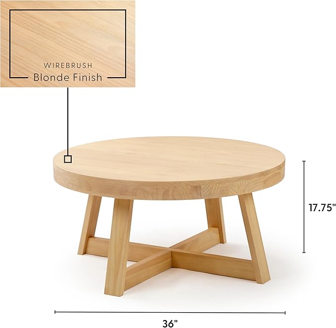 Plank+Beam Classic Round Coffee Table, 36 Inch Farmhouse Coffee Table, Rustic Mini Center Tables for Small Spaces, Small Living Space Tea Table, Blonde Wirebrush