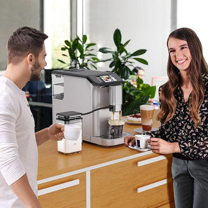 PioneerWorks Full Automatic Espresso Machine with Built-In Grinder & Milk Frother - FTF Touchscreen Coffee Maker for Latte/Cappuccino, 20 Bar Pressur & 1.5L Water Tank, 1350W, Grey