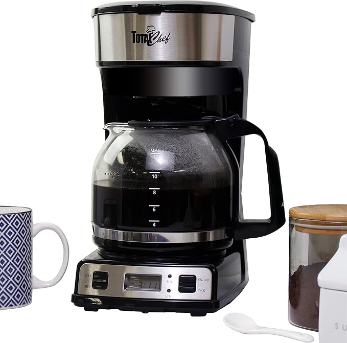 Total Chef Drip Coffee Maker – 12 Cup Programmable Cafe Machine With Glass Pot, Regular & Bold Brew, Autoshut Off Large Water Reservoir, Reusable Filter, Kitchen Appliances For Cafeteria Barista