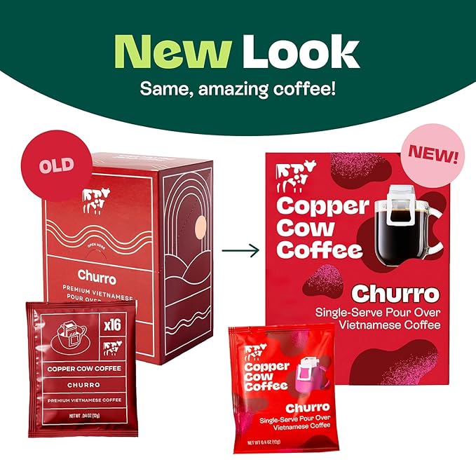 Copper Cow Premium Pour Over Single-Serve Vietnamese Coffee | Churro | Dark Roast | Flavored with Real Cinnamon | Includes 24 Coffees