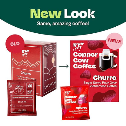 Copper Cow Premium Pour Over Single-Serve Vietnamese Coffee | Churro | Dark Roast | Flavored with Real Cinnamon | Includes 24 Coffees