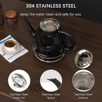 Electric Gooseneck Kettle, 1L 1500W Fast Boil, 100% Stainless Steel BPA Free Pour-Over Coffee & Tea Kettle, Water Boiler with Auto Shut & Boil-Dry Protection, Black