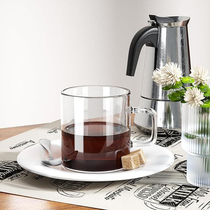 Glass Coffee Mugs Set of 4, 10 oz/300ml Large Coffee Mug, Wide Mouth Mugs with Clear Handle, Mocha Hot Beverage, Glass Cup Set for Hot or Cold
