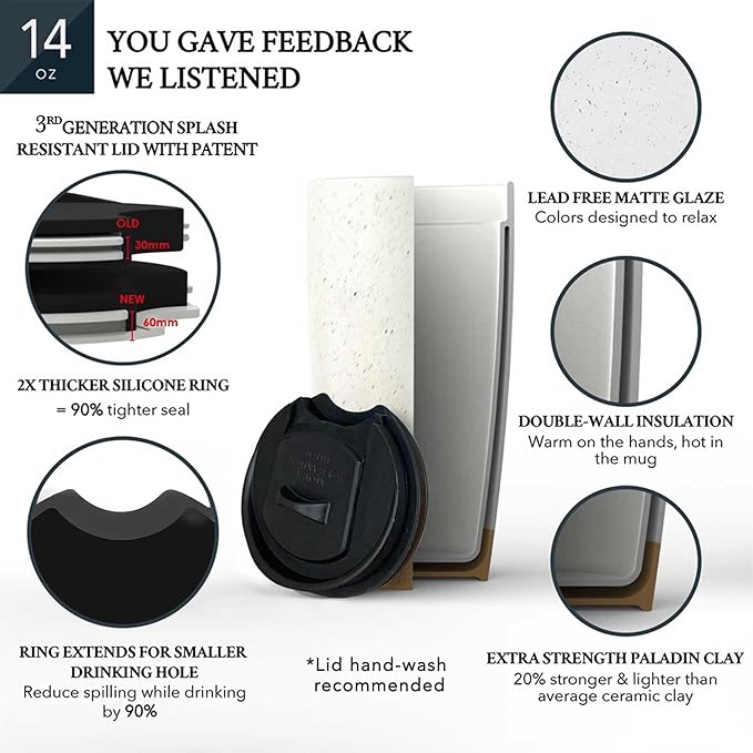 Mora Double Wall Ceramic Coffee Travel Mug with Lid, 14 oz, Portable, Microwave, Dishwasher Safe, Insulated Reusable Tall Cup, Splash Resistant Lid - To Go Tumbler for Car Cup Holder, Cotton White