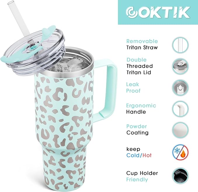 COKTIK 40 oz Tumbler With Handle and Straw Lid, Vacuum Insulated Travel Coffee Mug Stainless Steel Insulated Cup for Beverages, Leak-proof, Cupholder Friendly (Seafoam Leopard)