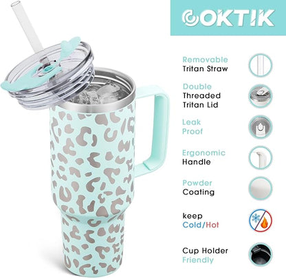 COKTIK 40 oz Tumbler With Handle and Straw Lid, Vacuum Insulated Travel Coffee Mug Stainless Steel Insulated Cup for Beverages, Leak-proof, Cupholder Friendly (Seafoam Leopard)