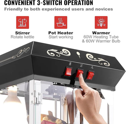 VEVOR Popcorn Maker, 850W Popcorn Popper Machine, 8 Oz Kettle Makes 48 Cups per Batch, Countertop Popcorn Maker with Tempered Glass, Includes 4 Scoops, Movie Theater Style, Black