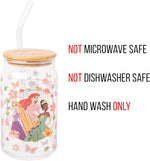Load image into Gallery viewer, Silver Buffalo Disney Princesses Featuring Rapunzel Tangled, Ariel Little Mermaid, Tiana Princess and the Frog Spring Floral Glass Jar Tumbler with Bamboo Lid and Glass Straw, 16 Ounces