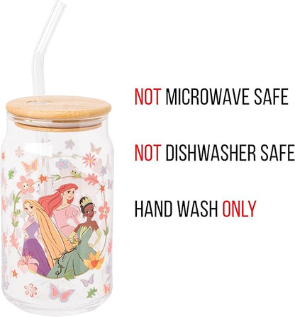 Silver Buffalo Disney Princesses Featuring Rapunzel Tangled, Ariel Little Mermaid, Tiana Princess and the Frog Spring Floral Glass Jar Tumbler with Bamboo Lid and Glass Straw, 16 Ounces