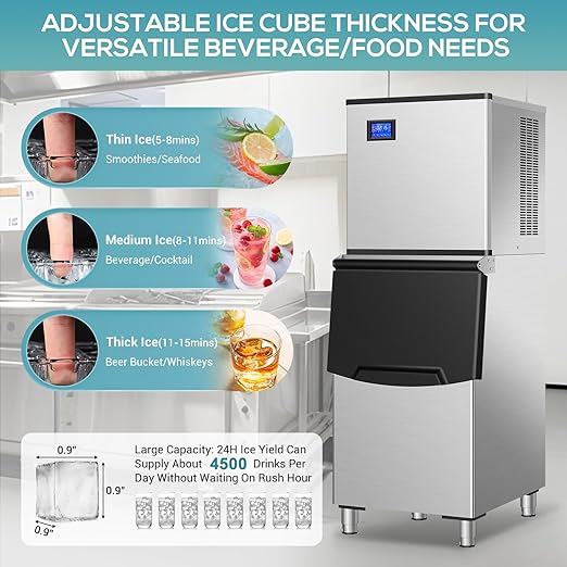 Commercial Ice Maker Machine 430Lbs/24H, Industrial Ice Machine 350 Lbs Storage Bin, 156PCS Clear Ice Cubes in 11 Mins, Freestanding Stainless Steel Ice Maker for Restaurants/Bar/Large Families