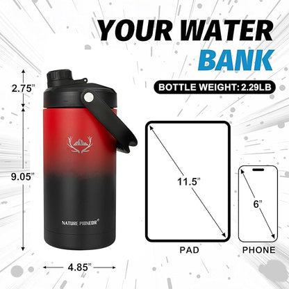 NATURE PIONEOR Insulated Water Bottles with Strap - 64 oz Stainless Steel Vacuum Wide Mouth Bottle with Holder/Carrier/Sleeve - 18/8 Food Grade 64oz Half Gallon Water Jug