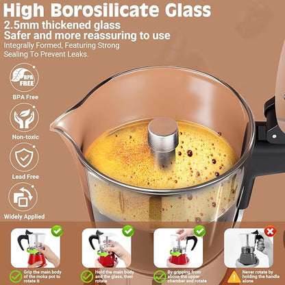 Induction Moka Pot, 4 Cups (7.1 oz) Crystal Glass-Top & Stainless Steel Moka Pot, Classic Stovetop Espresso Maker, Red