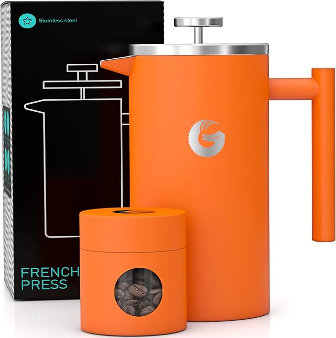 Coffee Gator French Press Coffee Maker 34oz, Double Insulated Stainless Steel Brewer plus Travel Jar Canister, Portable Hot Cold Brew Tea for Coffee Bar Accessories Kitchen Camping, Orange