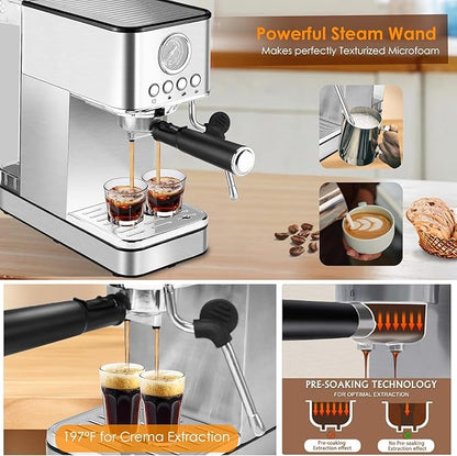 Espresso Machine Coffee Makers 20 Bar, Stainless Steel Espresso Machine with Milk Frother/Steam Wand for Espresso, Latte and Cappuccino - Premium Home Coffee Maker for Barista Quality Drinks