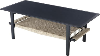 Black Coffee Table for Living Room Farmhouse Coffee Table with Natural Rattan Storage Shelf Large 2-Tier Rectangular Center Table for Living Room Reception