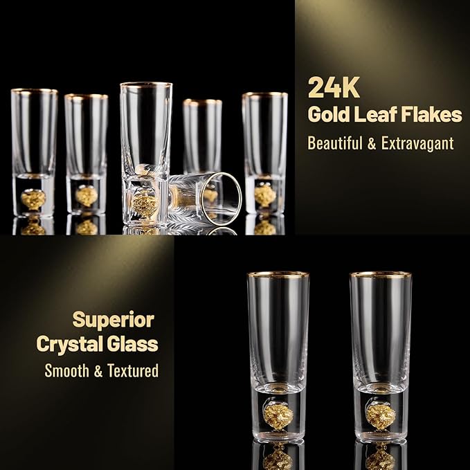 DUJUST Cool Shot Glasses (2oz), Shot Glass Set Decorated with 24K Gold Leaf Flakes, ONE OF A KIND, Cool & Cute Shot Cups, BPA-Free & Lead-Free, Perfect for Décor & Collection, Gift Choices - 6 pcs