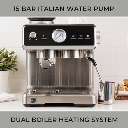 Kenmore Elite Espresso Machine – Automatic Coffee Maker with Auto Tamper, Auto Cleaning, Milk Steamer & Frother, Bean Grinder, Make Professional Barista Style Cappuccino, Café Latte