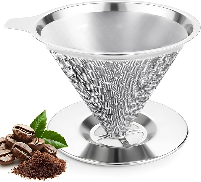 Pour Over Coffee Maker 1-4 Cup, V60 Pour Over, 18/10 Stainless Steel Laser Coffee Dripper, Fine Mesh Double Layer Metal Cone Filter, Colador De Cafe