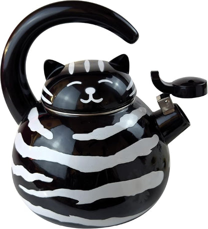 Trenton Gifts Whistling Tea Kettle - Enamel on Steel Black Cat Decor - Cute Animal Stovetop Kettle - 2.1 Quart Tea Pots