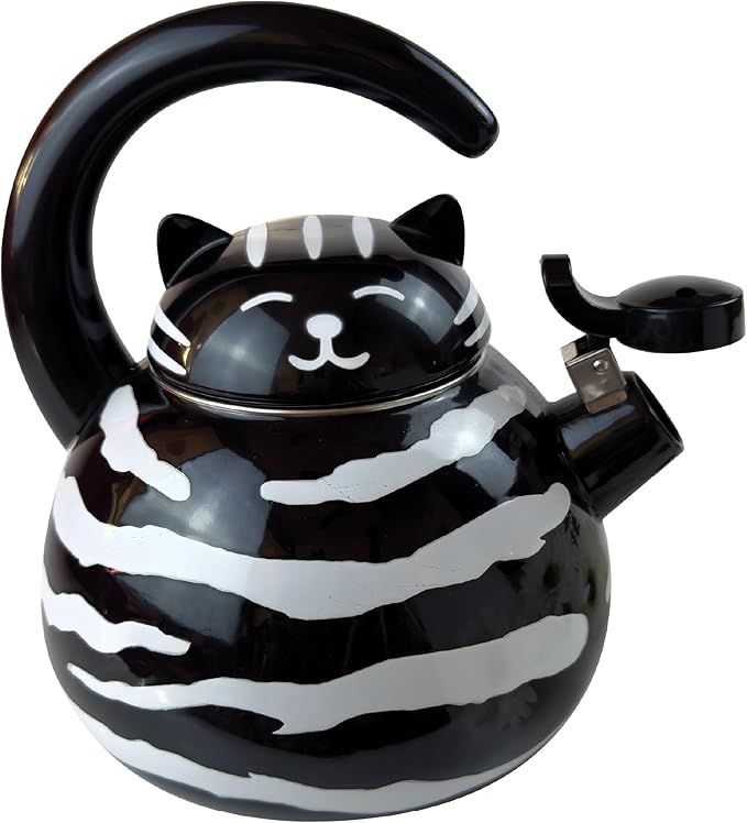 Trenton Gifts Whistling Tea Kettle - Enamel on Steel Black Cat Decor - Cute Animal Stovetop Kettle - 2.1 Quart Tea Pots