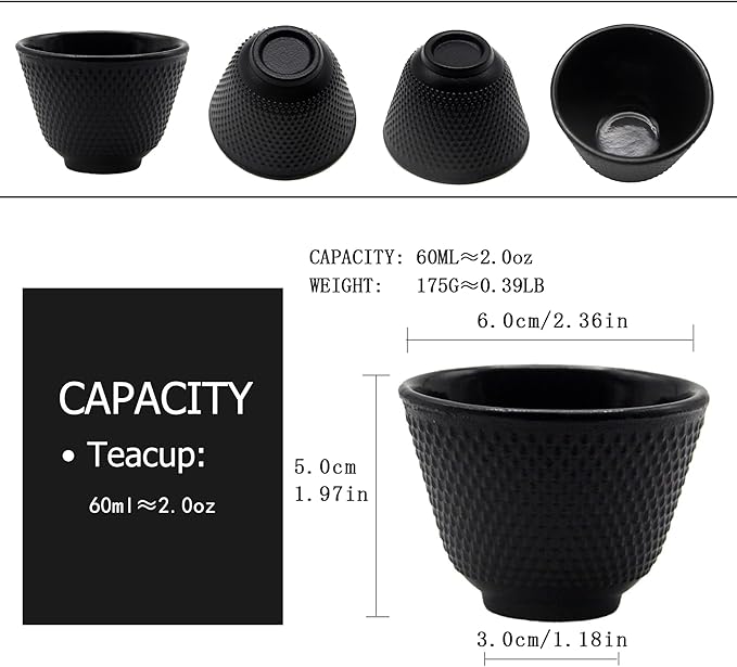 Japanese Cast Iron Tea Cups, Small and Heavy Teacups with no Handles, Japanese Style Cup for Adults, Asian Teacups, Coated with Enameled Interior, 4 Pcs/Box (Black, 2oz/60ml)