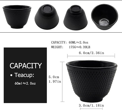 Japanese Cast Iron Tea Cups, Small and Heavy Teacups with no Handles, Japanese Style Cup for Adults, Asian Teacups, Coated with Enameled Interior, 4 Pcs/Box (Black, 2oz/60ml)
