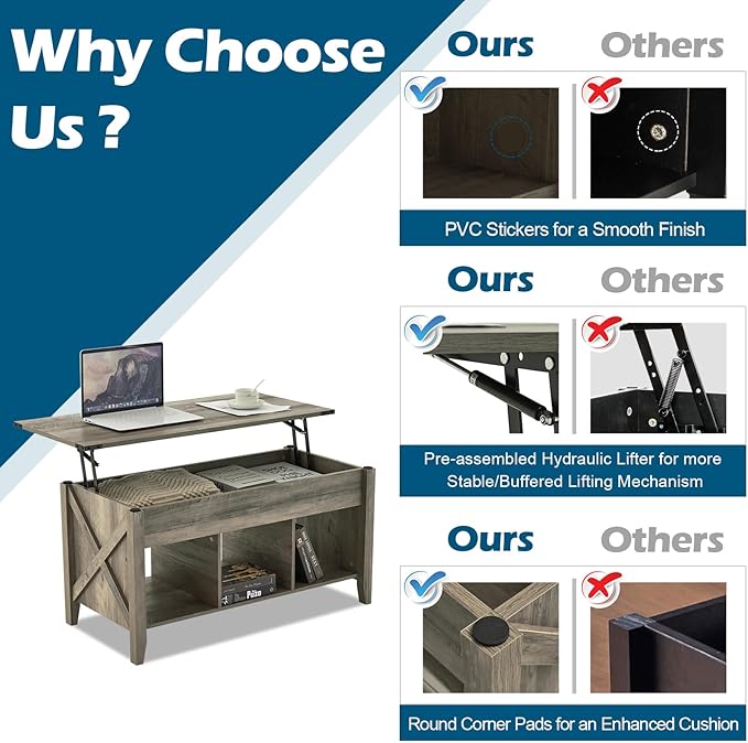 VINGLI Farmhouse Lift Top Coffee Table, Rustic Grey with Storage Shelf/Hidden Compartment, Mesa De Centro para Sala