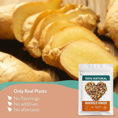 Premium Ginger Loose Leaf Tea with Marigold, Chamomile, Elderflower - Caffeine Free Herbal Tea with Real Herbs & Fruit – Te de Jengibre – 4oz.